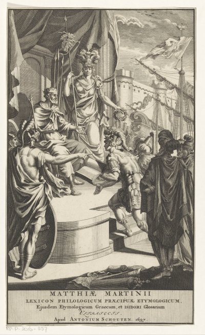 Żołnierz przedstawia królowi księgę Strona tytułowa dla: Matthias Martinius, Lexicon philologicum praecipuae etymologicum, 1697 autorstwa Anonymous