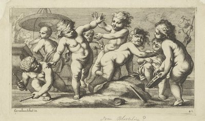 Putti bawi się przy fontannie Grające putti (tytuł serii) autorstwa Anonymous