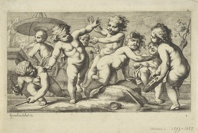 Putti bawi się przy fontannie Grające putti (tytuł serii) autorstwa Anonymous