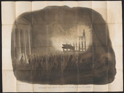 Karykatura w studenckim almanachu w Lejdzie, 1866 r. Wejście bezpłatnego gabinetu do jej świątyni w Lejdzie (widok ze snu) (tytuł na obiekcie) autorstwa Anonymous