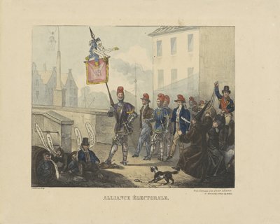 Karykatura sojuszu zawartego między rzymską partią duchowną a partią liberalną przeciwko rządowi holenderskiemu, 1828 Wybory Sojuszu (tytuł na obiekcie) autorstwa Anonymous