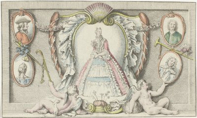 Stojąca kobieta, dwa putta i cztery medaliony Mody 1730 Mercure de France (tytuł serii) autorstwa Anonymous