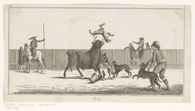 Byk zaatakowany przez psy Coleccion de las principales suertes de una corrida de toros (tytuł serii na obiekcie) Zbiór najważniejszych manewrów walki byków (tytuł serii) autorstwa Anonymous
