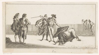 Byk ukąszony przez matadora Coleccion de las principales suertes de una corrida de toros (tytuł serii na obiekcie) Zbiór najważniejszych manewrów walki byków (tytuł serii) autorstwa Anonymous