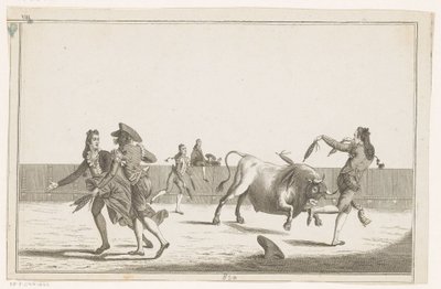 Byk zostaje wyzwany na banderille Coleccion de las principales suertes de una corrida de toros (tytuł serii na obiekcie) Zbiór najważniejszych manewrów walki byków (tytuł serii) autorstwa Anonymous