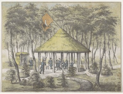 Świątynia i ogród w Boekel, 1831 Widok świątyni i ogrodu w Boekel. Wzniesiony i zbudowany przez milicję dyżurną miasta Groningen. W uznaniu życzliwego powitania w dniu 23 czerwca 1831 r. Członkom Towarzystwa na pamiątkę autorstwa Anonymous