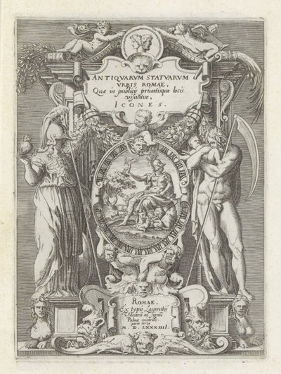 Titelprent spotkał Rzym, Minerwę en Saturnus Rzeźby antyczne w Rzymie (tytuł serii) Ikony starożytnych posągów miasta Rzymu, które można zobaczyć w miejscach publicznych (tytuł serii na obiekcie) autorstwa Anonymous