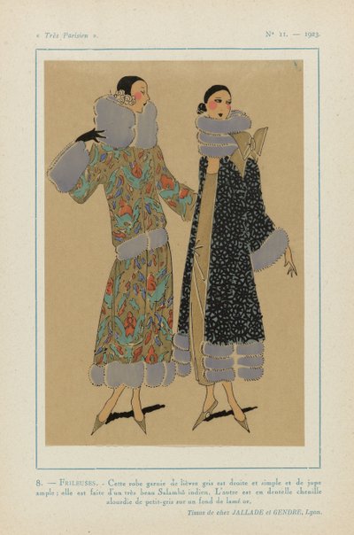 Bardzo paryski, 1923, nr 11: 8. - FRILEUSES. - Ta sukienka obszyta szarym zając... autorstwa Anonymous