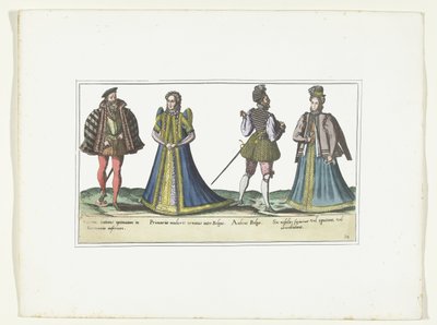Dwie kobiety i dwóch mężczyzn ubranych zgodnie z modą w Nadrenii Północnej-Westfalii i Flandrii, ok. 1580 Kostiumy Bas-Allemands et Flamands (tytuł na obiekcie) autorstwa Anonymous