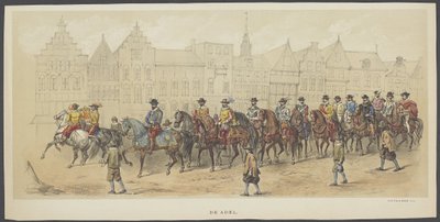 Maskarada Utrechcka, tablica a: szlachecka, 1856 Szlachta. (tytuł na obiekcie) Założyciele holenderskiej wolności (czas Wilhelma I) przedstawione przez H.H. członkowie korpusu studenckiego Utrechtu, z okazji 220. rocznicy Utrechtsche Hooge autorstwa Anonymous