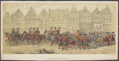 Maskarada w Utrechcie, płyta b: bitwa na lądzie i morzu, 1856 Bitwa na lądzie i morzu (tytuł na obiekcie) Założyciele holenderskiej wolności (czas Wilhelma I) przedstawione przez H.H. członkowie korpusu studenckiego Utrechtu, z okazji 220 autorstwa Anonymous