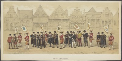 Maskarada w Utrechcie, tablica c: Mężowie stanu, 1856 The Statesmen (tytuł na obiekcie) Założyciele holenderskiej wolności (czas Wilhelma I) przedstawione przez H.H. członkowie korpusu studenckiego w Utrechcie z okazji 220-lecia Uniwersytetu w Utrechcie autorstwa Anonymous