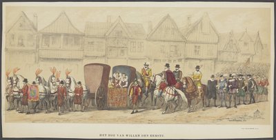 Maskarada Utrechcka, tablica e: dwór, 1856 Sąd Wilhelma Pierwszego (tytuł na przedmiocie) Założyciele holenderskiej wolności (czas Wilhelma I) przedstawione przez H.H. członkowie korpusu studenckiego Utrechtu, z okazji 220-lecia autorstwa Anonymous