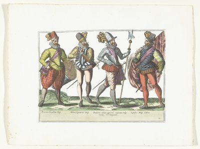 Czterech żołnierzy hiszpańskich w mundurach, ok. 1580 Kostiumy wojskowe Espagnols (tytuł na obiekcie) autorstwa Anonymous