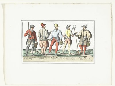 Czterech chłopów ubranych potocznie i jeden po staromodny, ok. 1580 Tryby Rustiques (tytuł na obiekcie) autorstwa Anonymous