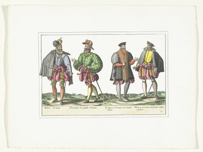 Czterech mężczyzn ubranych w niemiecką modę, ok. 1580 Kostiumy Allemands (tytuł na obiekcie) autorstwa Anonymous