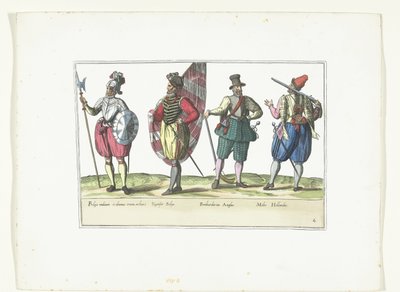 Czterech żołnierzy w mundurach według mody w Holandii i Anglii, ok. 1580 Costumes Militaires des Pays-Bas (tytuł na obiekcie) autorstwa Anonymous