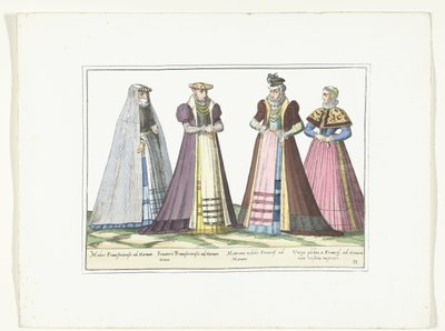 Cztery kobiety ubrane w niemiecką modę we Frankfurcie, ok. 1580 Kostiumy Allemands (tytuł na obiekcie) autorstwa Anonymous