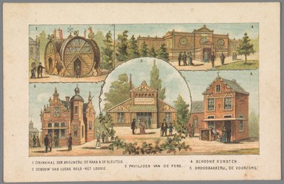 Pięć pawilonów na Wystawie Światowej w Amsterdamie, 1883 1 Pijalnia browaru De Haan & De Sleutels. 2 Budynek Lucasa Bolsa - Het Loosie. 3 Pawilon prasy. 4 sztuki piękne. 5 Piekarnia chlebowa De Voorzorg. (tytuł na obiekcie) Przypomnienie aa autorstwa Anonymous