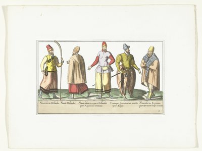 Pięciu marynarzy ubranych w modę niderlandzką i bretońską, ok. 1580 Kostiumy marin (tytuł na obiekcie) autorstwa Anonymous