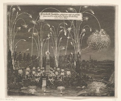 Fajerwerki w pobliżu Pleißenburga, 8 lipca 1667 Churfürstl: Sachsisches gehaltenes und an gezentes Fewer werck zu nachts beij forteca Pleissenburg, 1667, 8 lipca (tytuł na obiekcie) autorstwa Anonymous