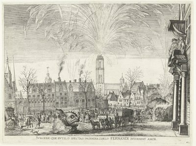 Vuurwerk; incht van Ferdinand te Gent w 1635 (nr 41) Powstań, który patrzysz na płonący ogień na niebie rozpala się miłość Fernandi (tytuł na obiekcie) Zdjęcie nocnych pożarów na hipodromie i wieży autorstwa Anonymous
