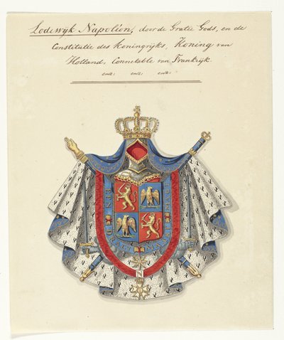 Herb Ludwika Napoleona Bonaparte, króla Holandii Ludwik Napoleon, z łaski Bożej i Konstytucji Królestwa, Król Holandii, Connectable Francji (tytuł na obiekcie) autorstwa Anonymous