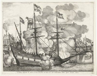 Zeilschip, naar rechts; incht van Ferdinand te Gent w 1635 (nr 38) O statku, nowe Fale zaniosą cię do morza: ale nie ma nic pod kontrolą Tego, którego boisz się prowadzić (tytuł na obiekcie) Triumfalny statek innych żeglarzy autorstwa Anonymous