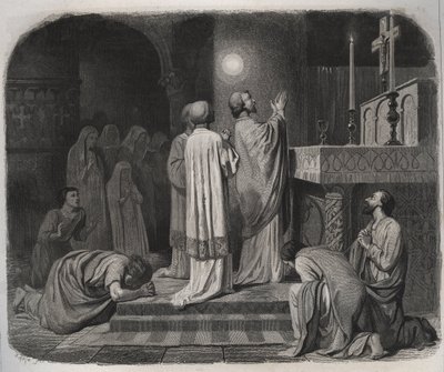 Kula ognia pojawia się nad Św. Marcinem eveque de Tours (316-397), gdy pracuje. Rycina z 1846 r. w „Żywotach świętych”. Prywatna kolekcja. autorstwa Anonymous Anonymous