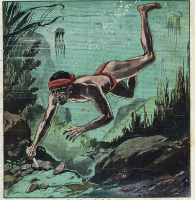Badacz pereł ryzykuje życiem w tropikalnych morzach Cejlonu i Polinezji, aby zaopatrywać eleganckie naszyjniki i biżuterię. Ilustracja zaczerpnięta z „”Le Petite Journal”” 11.03.1923 Kolekcja prywatna. autorstwa Anonymous Anonymous