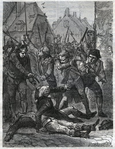 Scena z okresu rewolucji francuskiej: Theobald de Dillon (1745-1792) i oficer dżin Berthois zostali zmasakrowani przez żołnierzy i ludność Lille, którzy oskarżyli ich o zdradę stanu. Grawer z 1866 roku w „Histoire de la Revolution fr autorstwa Anonymous Anonymous