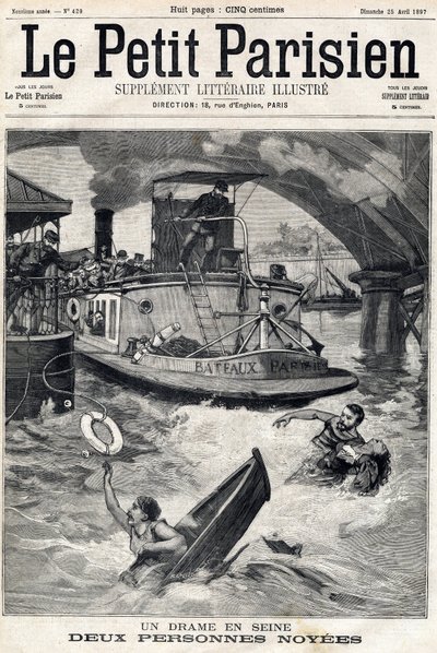Wypadek na Sekwanie: dwie osoby w zatopionej łodzi. W „Le Petit Parisien”” w dniu 25.04.1897. autorstwa Anonymous Anonymous