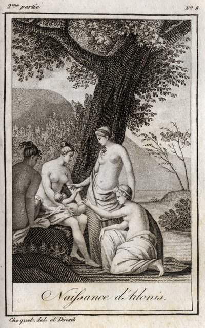 Narodziny Adonisa. Rycina z 1819 r. w „Lettres a Emilie sur la mitologie” Charlesa Alberta Demoustiera (1760-1801). Prywatna kolekcja. autorstwa Anonymous Anonymous