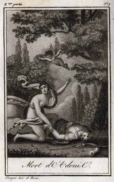 Śmierć Adonisa. Rycina z 1819 r. w „Lettres a Emilie sur la mitologie” Charlesa Alberta Demoustiera (1760-1801). Prywatna kolekcja. autorstwa Anonymous Anonymous