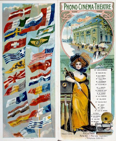 Reklama: Phono - kino - teatr: zobacz i usłysz znanych artystów. Chromolitografia opublikowana na Wystawie Światowej w 1900 roku z flagami różnych krajów. Paryż, Musee Carnavalet - Plakat reklamowy „” Phono - kino - teatr: zobacz i usłysz f autorstwa Anonymous Anonymous