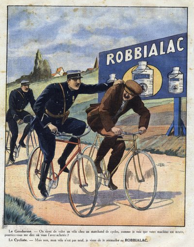 Reklama farby Robbialac: policjanci oskarżają rowerzystę o kradzież jego roweru, ponieważ wygląda jak nowy dzięki farbie Robbialac. Grawerowanie w „Le petit journal illustious”” autorstwa Anonymous Anonymous