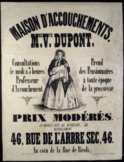 Reklama domu urodzenia (położniczego) w Paryżu w 1850 r. Madame Dupont, niskie ceny przy 46 rue de l