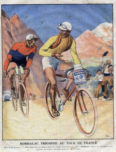 Reklama obrazu Robbialac: „”Triumf Robbialaca na Tour de France””. Rowerzysta sprzedaje zasługi farby Robbialac do swojego roweru. Rytownictwo. Jeden z „Małych ilustratorów” autorstwa Anonymous Anonymous