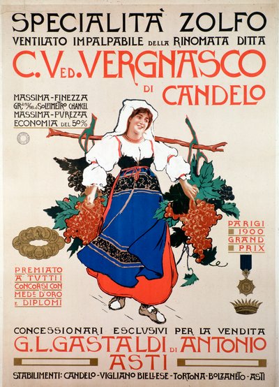 Plakat reklamowy fungicydowej przesiewanej siarki wyprodukowany przez włoską firmę Vergnasco Candelo, XX wiek autorstwa Anonymous Anonymous