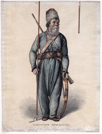 Alexander Zemlyanukhin, kozacki pułku Don - Anonim - ok. 1813 - Akwaforta, akwarela - 34,3x25,3 - Kolekcja prywatna autorstwa Anonymous Anonymous