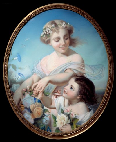 Alegoria lata Matka i jej wnuczka trzymają bukiety kwiatów. Anonimowe malowanie. Rouen z XVIII wieku, Musee des Beaux Arts autorstwa Anonymous Anonymous