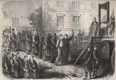 Egzekucja w Toulon Bagne w XIX wieku. Grawer „Historia skazanych od ich powstania do dnia dzisiejszego” (1877) autorstwa Pierre