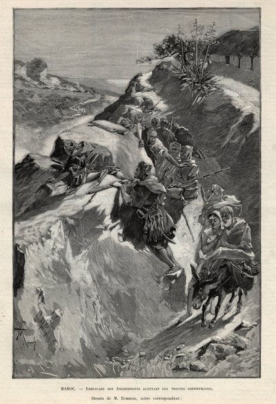 Powstanie w górach Andjera w Maroku: zasadzka na Angherystów czekających na oddziały szeryfa. Grawer „Le monde illustree” z 1892 r. Ze zbiorów prywatnych. autorstwa Anonymous Anonymous