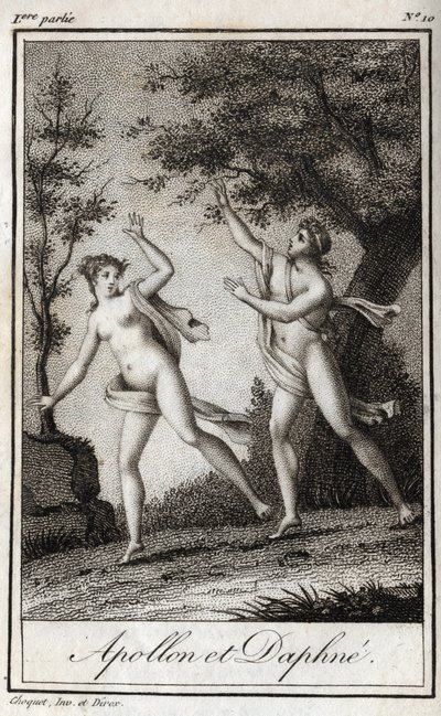 Apollo i Daphne. Nimfa Daphne zamienia się w wawrzyn, aby uciec Apollo. Rycina z 1819 r. w „Lettres a Emilie sur la mitologie” Charlesa Alberta Demoustiera (1760-1801). Prywatna kolekcja. autorstwa Anonymous Anonymous