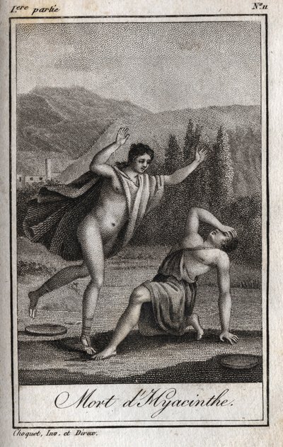 Apollo i Hyacinthos (Śmierć Hiacynta) Rycina z 1819 r. w „Lettres a Emilie sur la mitologie” Charlesa Alberta Demoustiera (1760-1801). Prywatna kolekcja. autorstwa Anonymous Anonymous