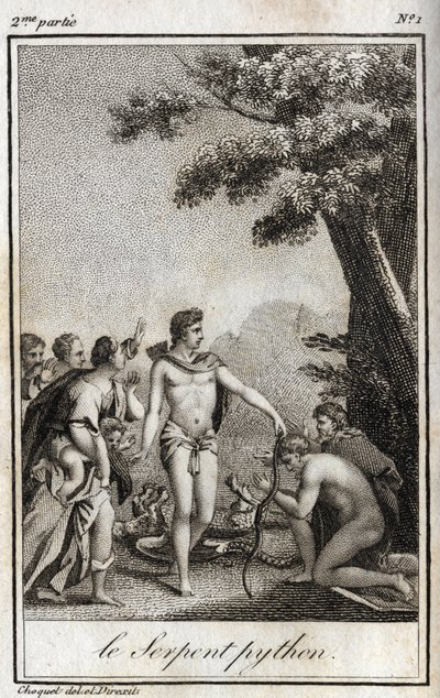 Apollo i wąż Python na górze Parnas. Rycina z 1819 r. w „Lettres a Emilie sur la mitologie” Charlesa Alberta Demoustiera (1760-1801). Prywatna kolekcja. autorstwa Anonymous Anonymous