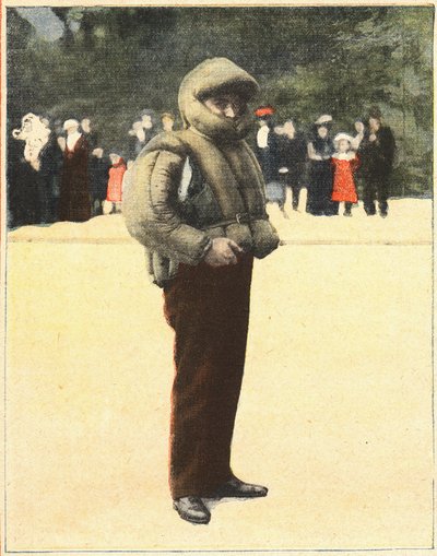 Lotnictwo: Kombinezon powietrzny przeznaczony do ochrony lotników przed upadkiem. Grawer w „Le petit parisien”” 16.10.1910. Prywatna kolekcja. autorstwa Anonymous Anonymous
