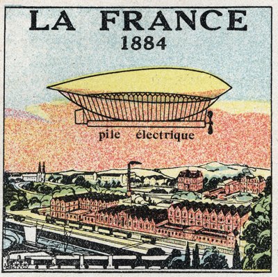 Balony: sterowiec „La France” w 1884 roku wykorzystujący baterię elektryczną wynalezioną przez Francuzów Renarda i Krebsa. Anonimowa ilustracja z 1925 r. Ze zbiorów prywatnych. autorstwa Anonymous Anonymous