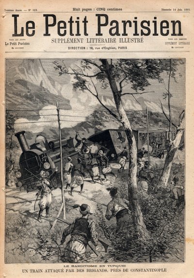 Bandytyzm w Turcji, pociąg zaatakowany przez rabusiów w pobliżu Konstantynopola. Grawer w „Le petit Parisien”” z 1891 r. Ze zbiorów prywatnych. autorstwa Anonymous Anonymous