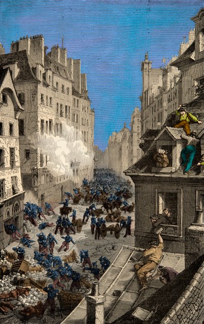 Bitwa na barykadzie Rue Saint Antoine w 1830 r., rycina, kolekcja prywatna autorstwa Anonymous Anonymous